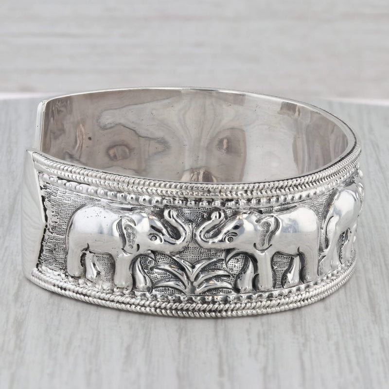 Gray Elephant Pattern Cuff Bracelet Sterling Silver Statement 7" 20.8mm