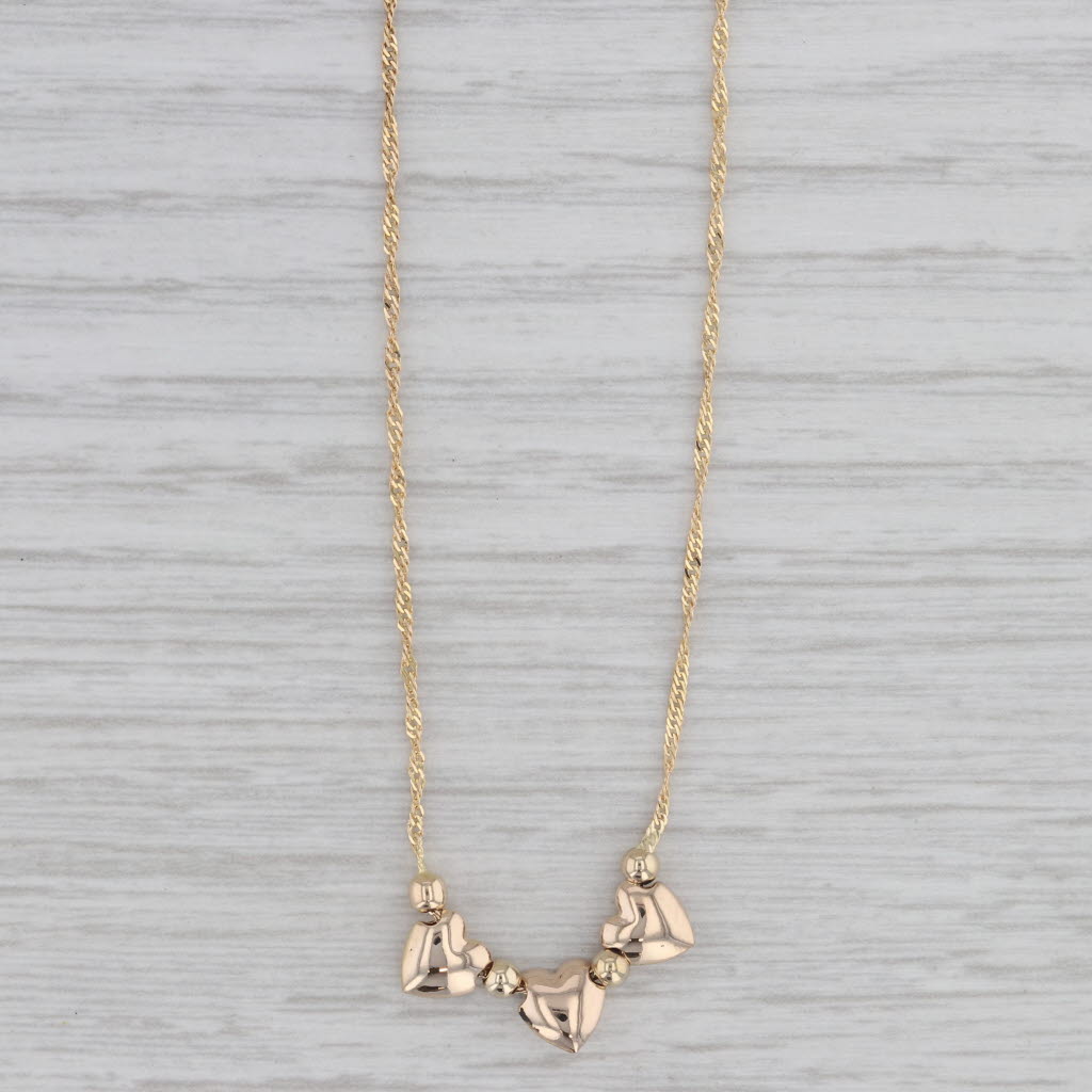 Gray 3-Hearts Bead Pendant Necklace 14k Yellow Gold 17" Singapore chain