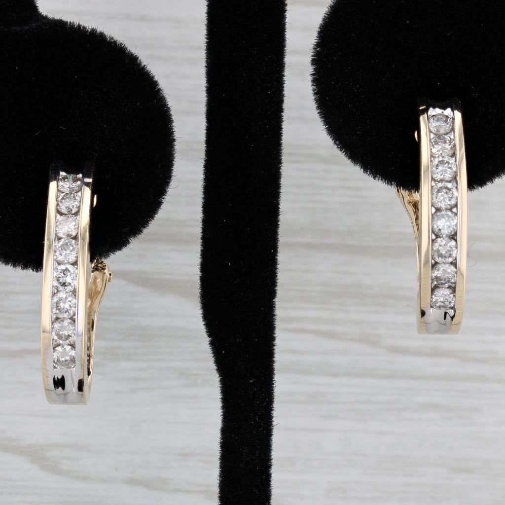 Black 0.80ctw Diamond Journey J-Hook Hoop Earrings 14k Yellow Gold Pierced Omega Backs