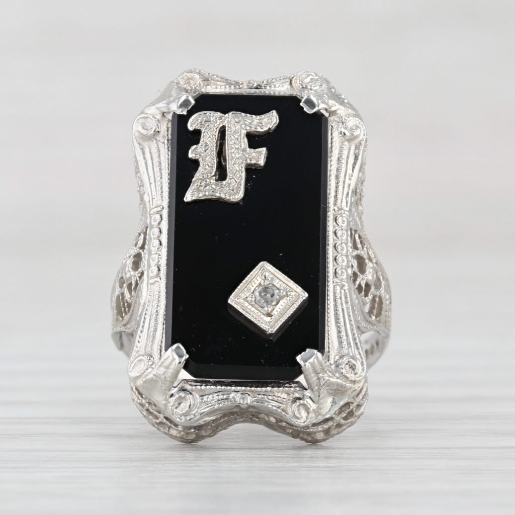 Vintage Onyx Diamond Letter Initial F Art Deco Ring 14k White Gold Size 5.25