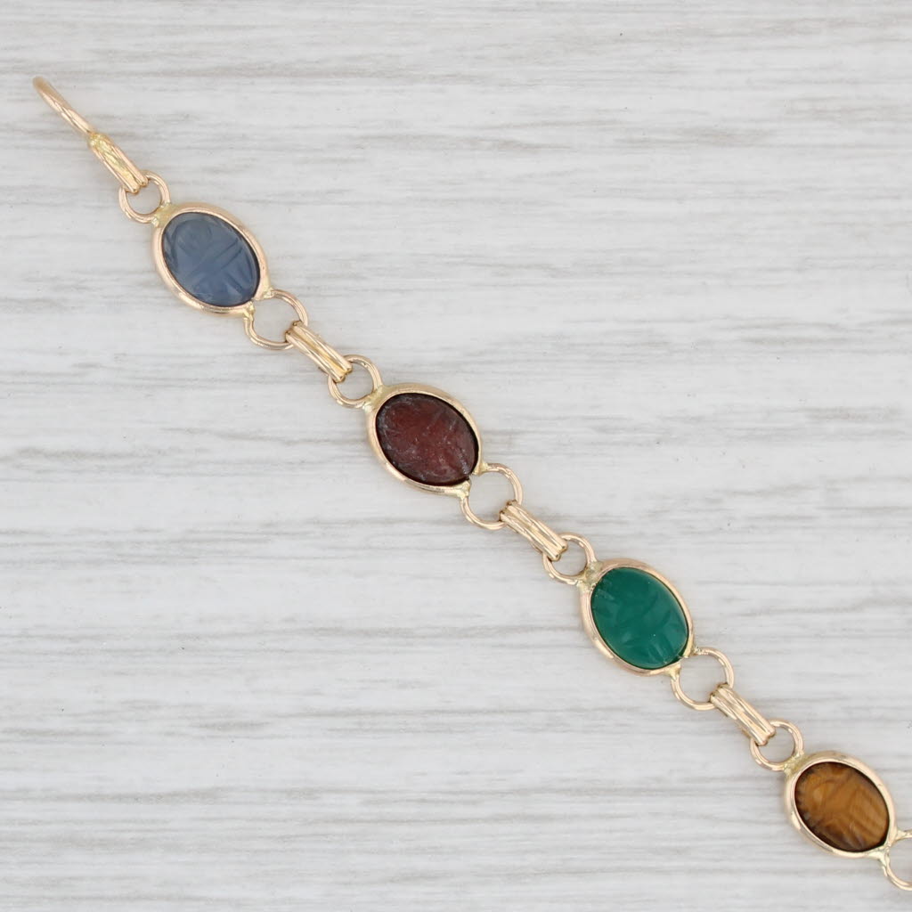 Light Gray Carved Stone Scarabs Bracelet 14k Gold Chalcedony Onyx Aventurine Quartz 7.5"