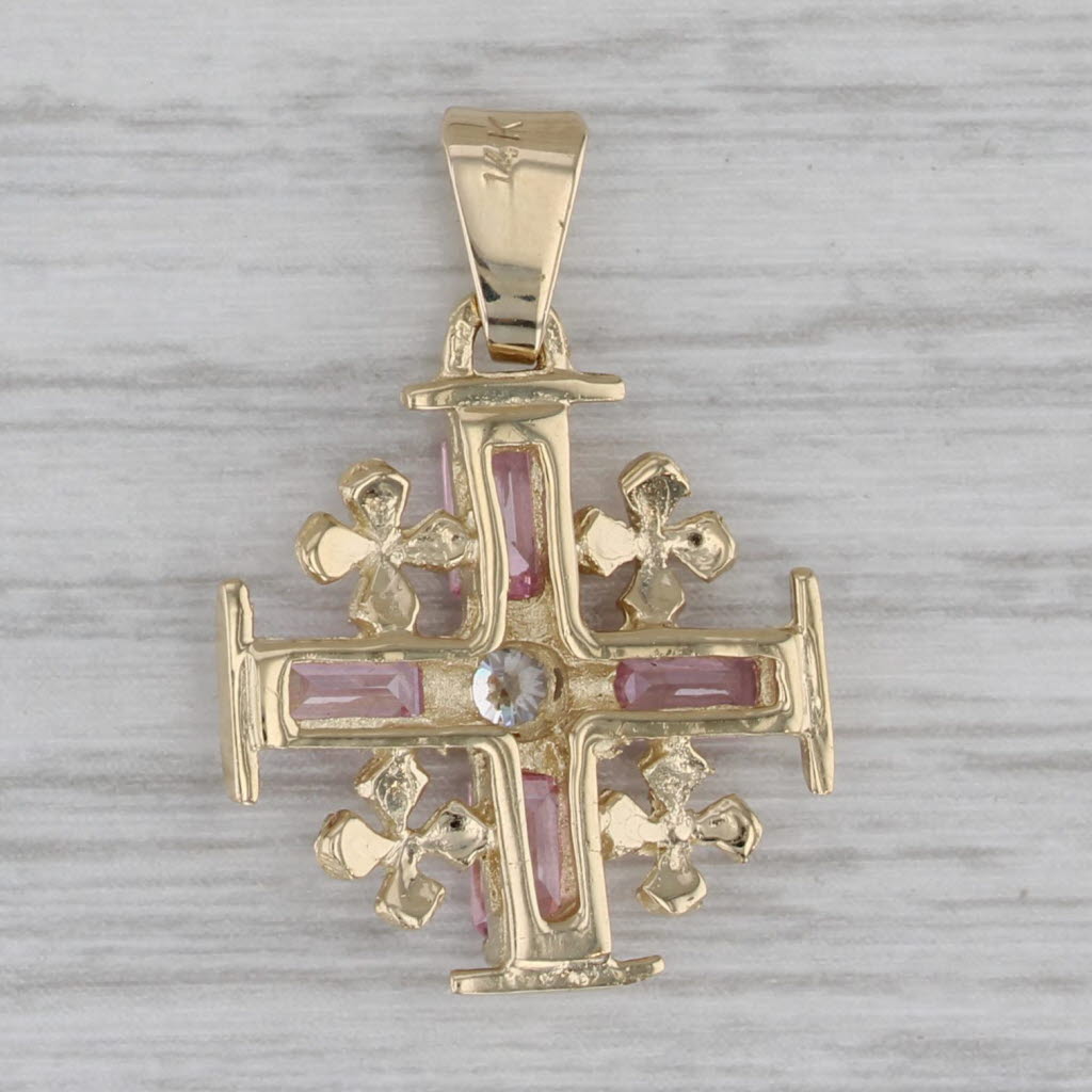 Gray 1.26ctw Pink Ice Cubic Zirconia Jerusalem Cross Pendant 14k Yellow Gold