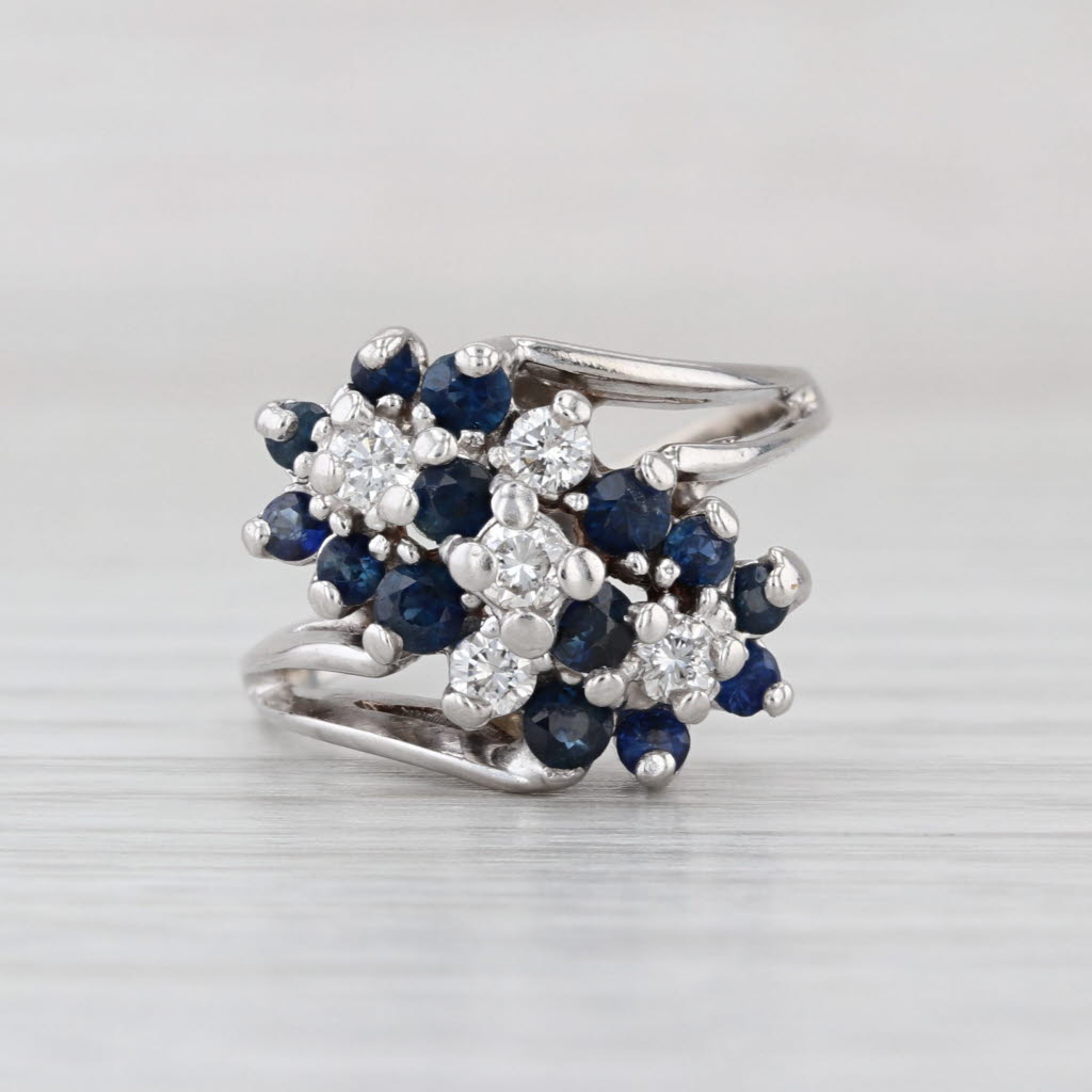 0.89ctw Blue Sapphire Diamond Flower Cluster Bypass Ring 14k White Gold Size 6
