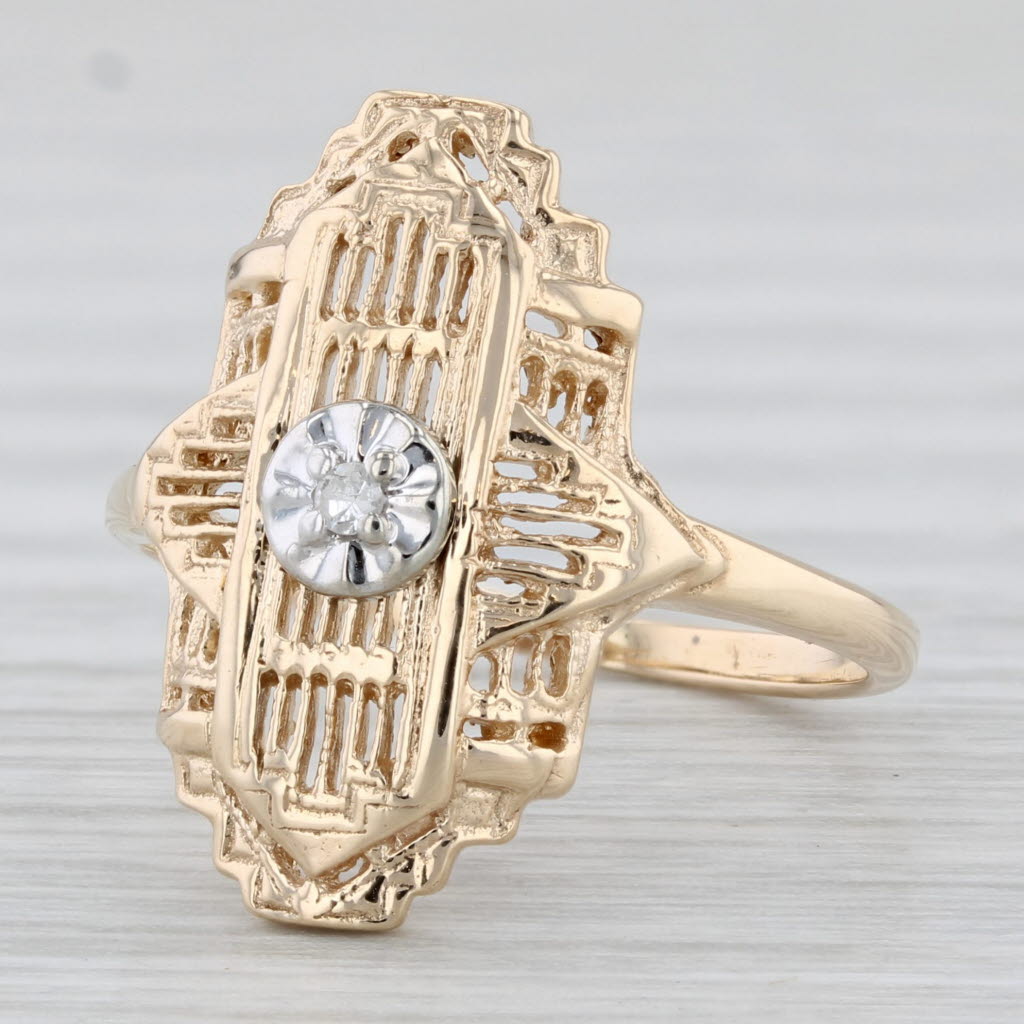 Light Gray Vintage Diamond Ring 10k Yellow Gold Size 6 Filigree Openwork