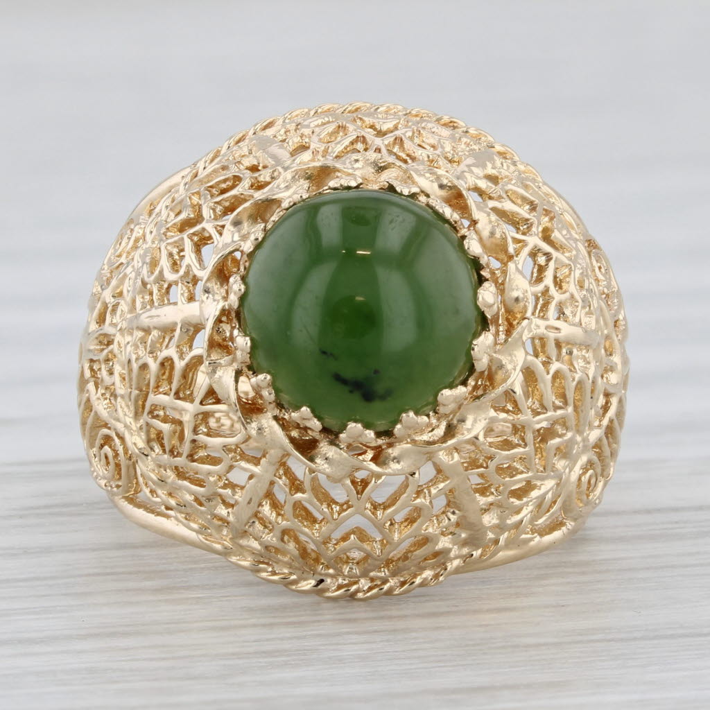 Gray Green Nephrite Jade Ornate Openwork Ring 14k Yellow Gold Size 6.25 Cocktail