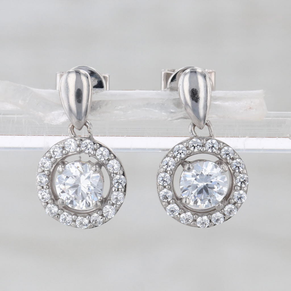 0.90ctw Cubic Zirconia Halo Dangle Earrings 10k White Gold Drops