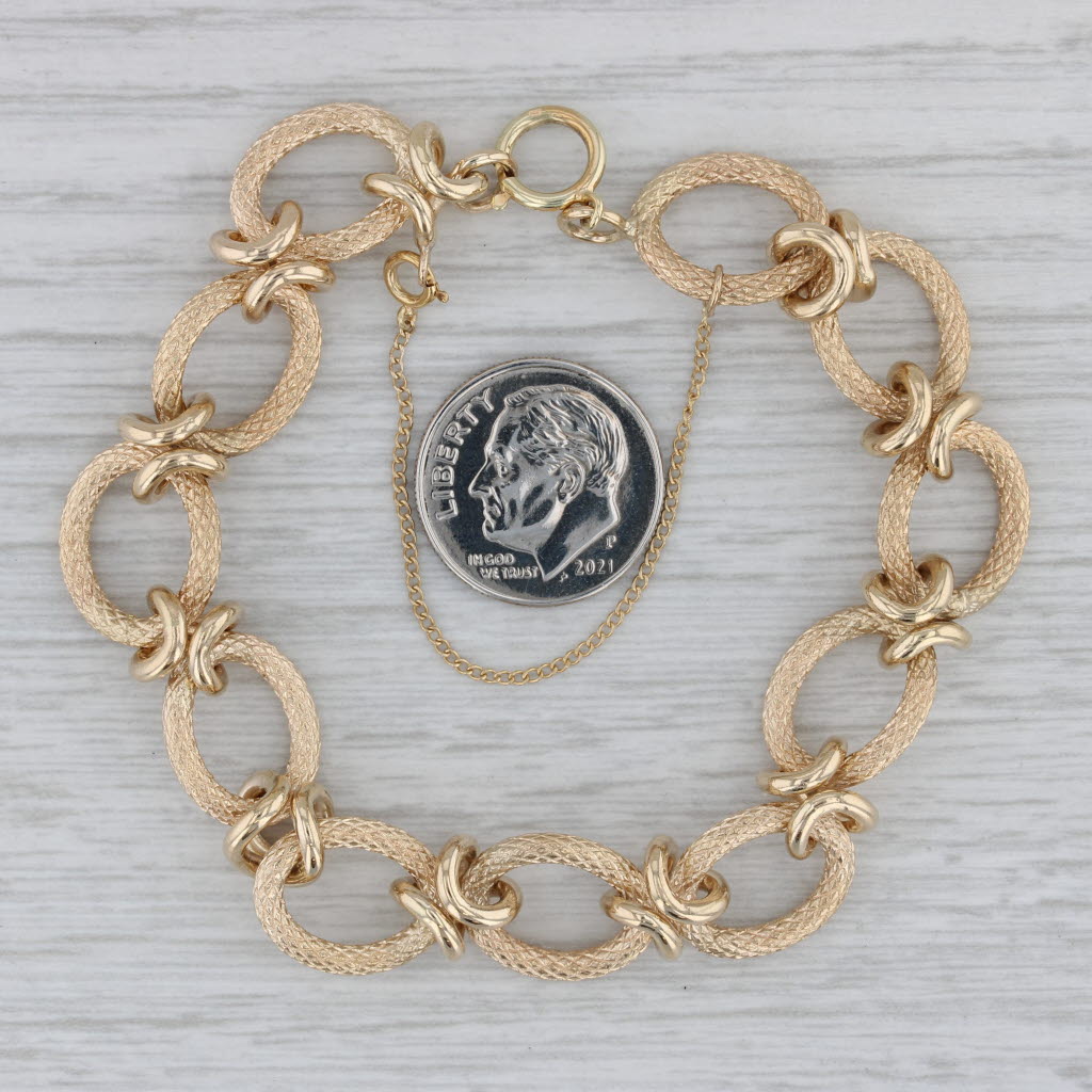 Gray 7.5" Etched Oval Links 14k Yellow Gold 11.5mm with Safety Chain Starter Charm