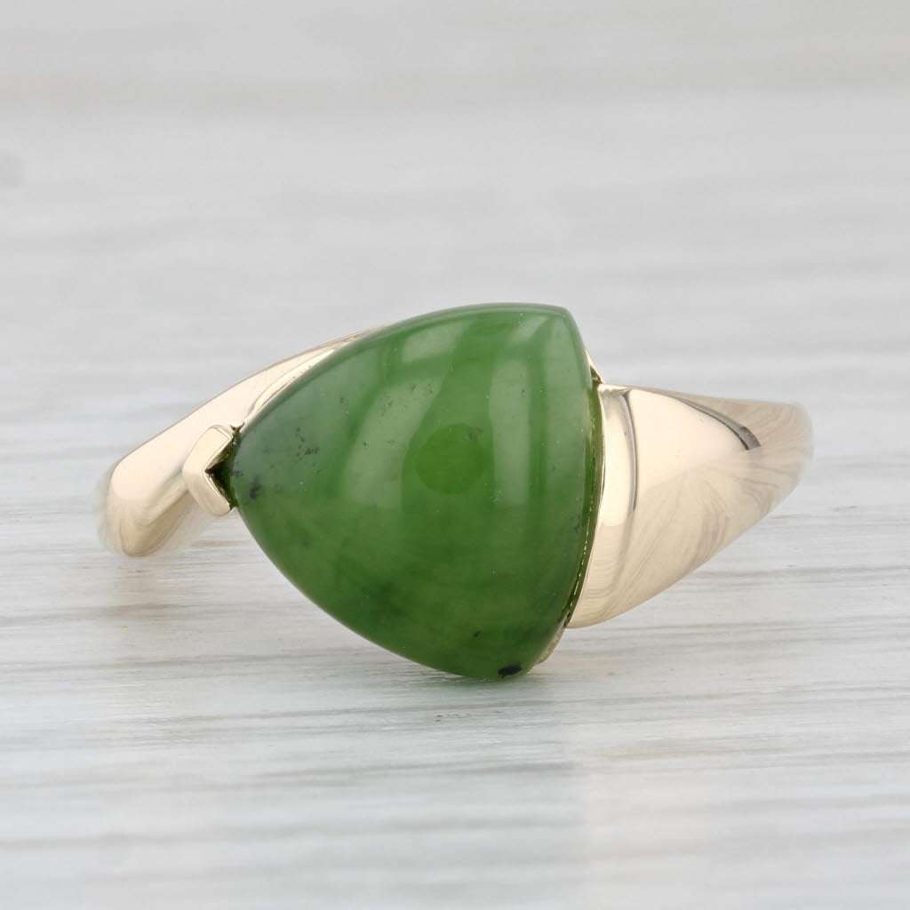 Light Gray Nephrite Jade Trillion Cabochon Solitaire Ring 14k Yellow Gold Size 8.25