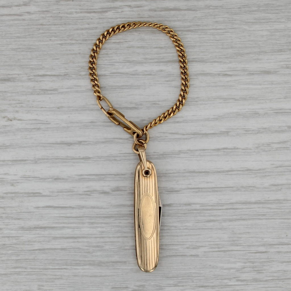 Vintage Single Blade Pocket Knife w/ Chain 14k Gold Filled Engravable