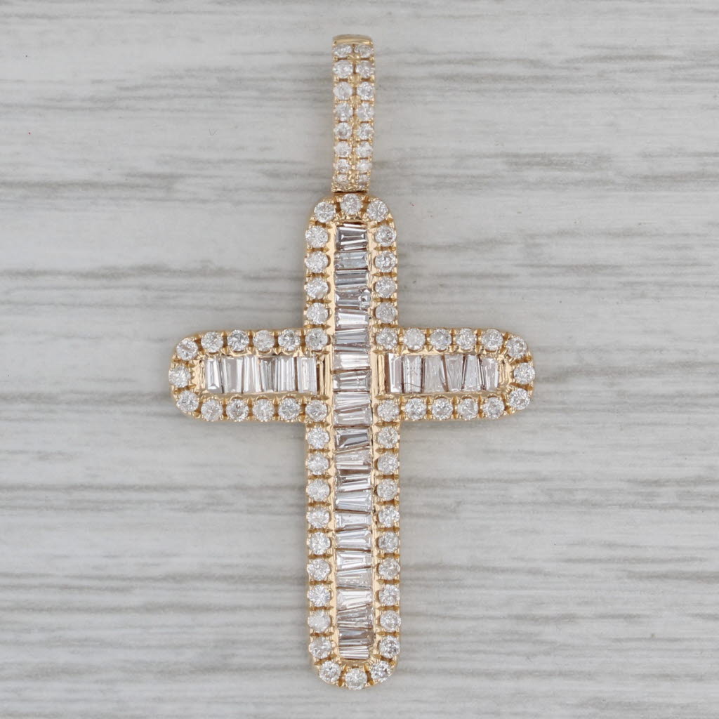 Gray 1.10ctw Baguette Diamond Cross Pendant 14k Yellow Gold