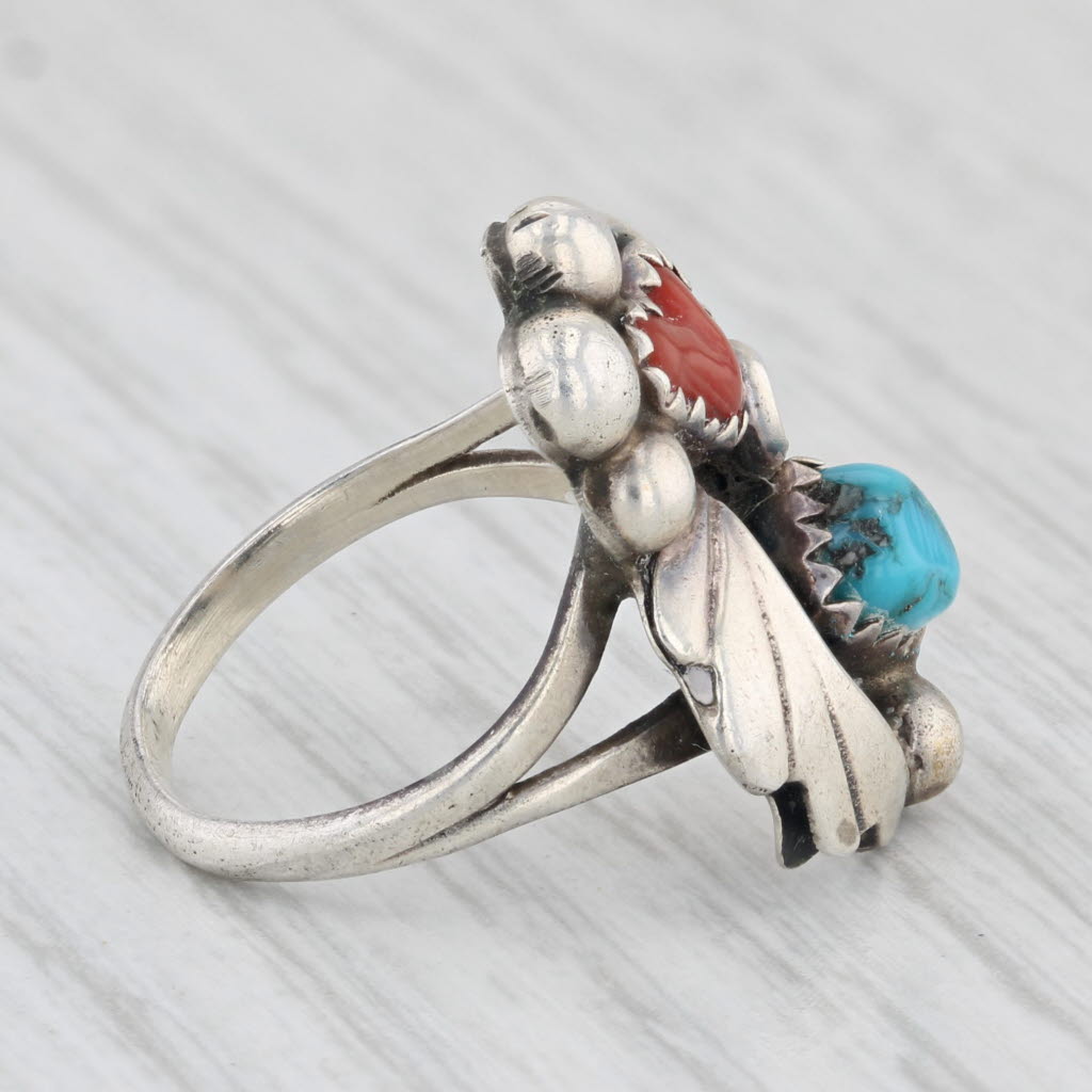 Light Gray Vintage Native American Coral Turquoise Statement Ring Sterling Silver Size 4.5