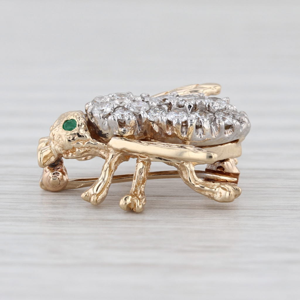 Vintage 0.46ctw Diamond Emerald Bee Brooch 14k Yellow White Gold Pin
