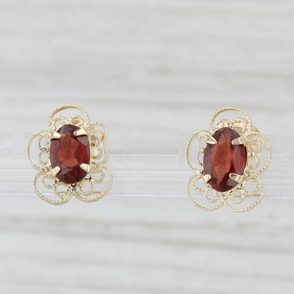 Light Gray 0.77ctw Garnet Stud Earrings 14k Yellow Gold Filigree Oval Solitaires