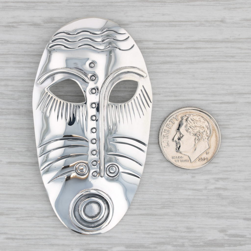 Gray Tribal Mask Statement Brooch Sterling Silver Pin Vintage Woods