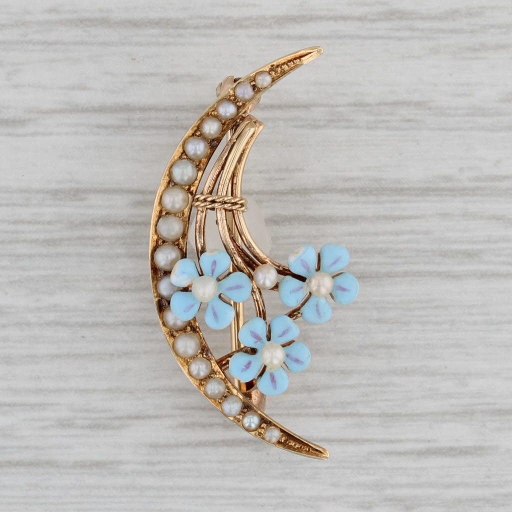 Gray Vintage Floral Crescent Brooch 14k Yellow Gold Enamel Pin