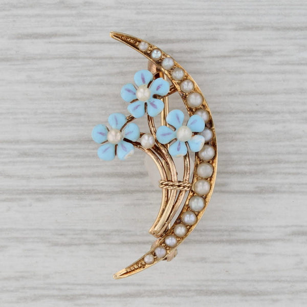 Gray Vintage Floral Crescent Brooch 14k Yellow Gold Enamel Pin