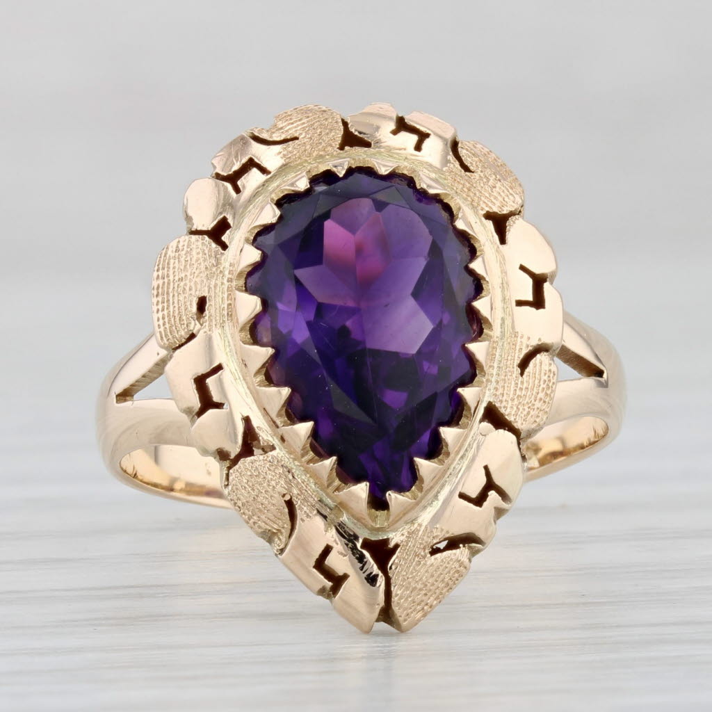 Light Gray Vintage 3.70ct Pear Amethyst Solitaire Ring 14k Yellow Gold Size 8 Teardrop