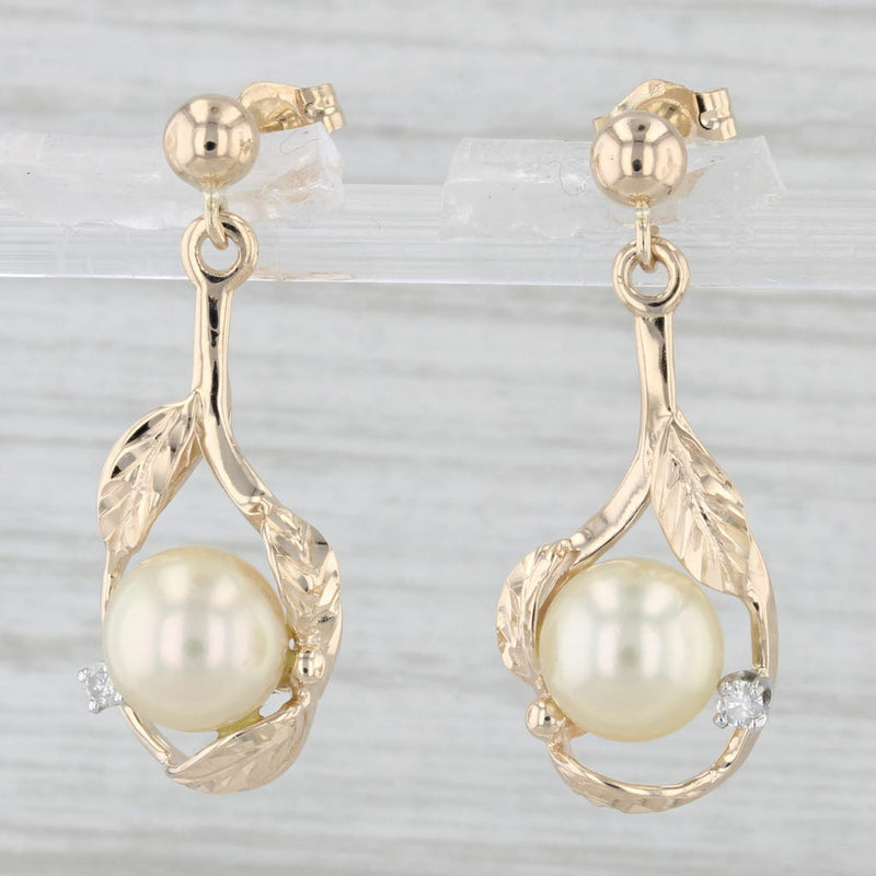 Light Gray Cultured Pearl Diamond Dangle Earrings 14k Yellow Gold