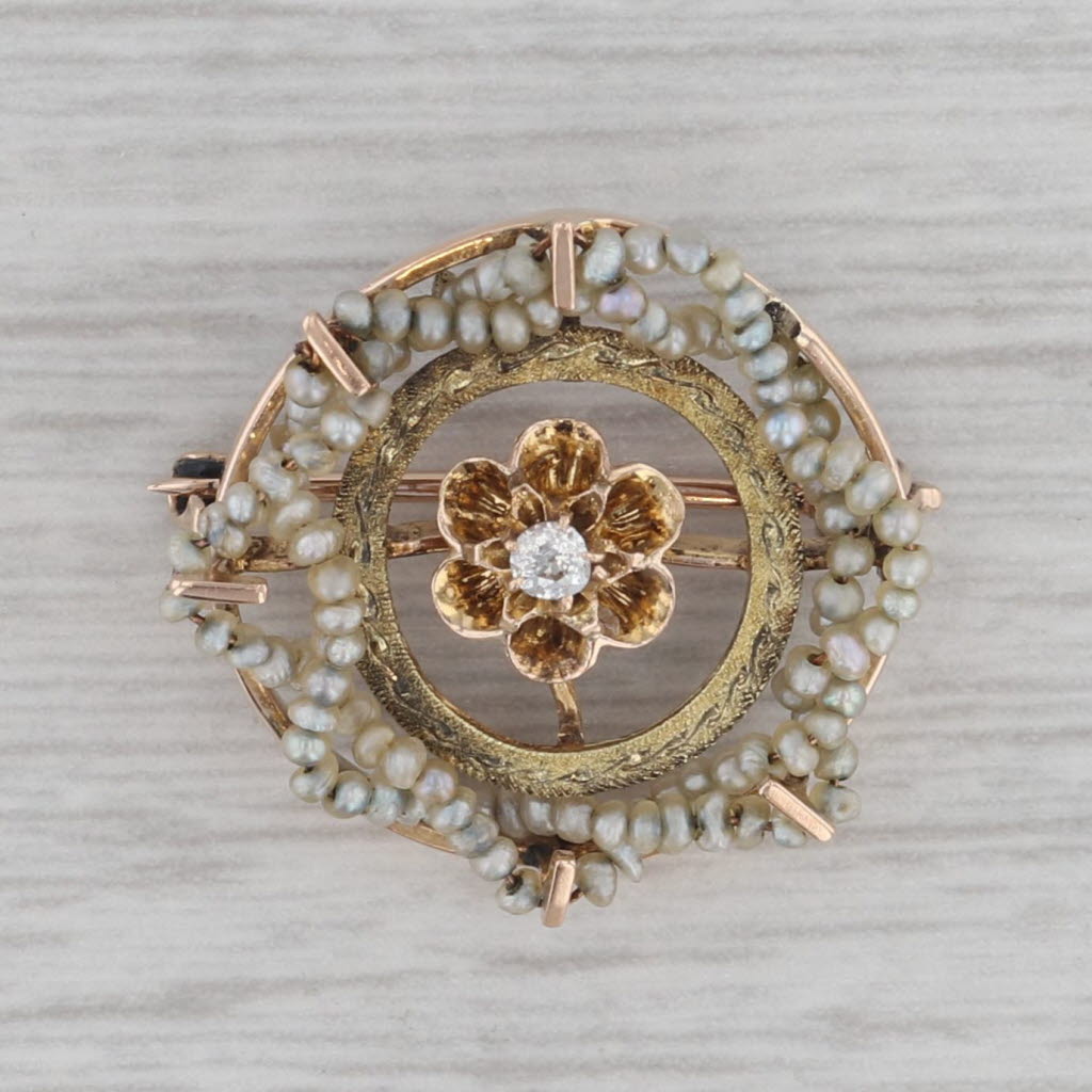 Gray Antique Seed Pearl Diamond Flower Pin 10k Yellow Gold Small Circle Brooch