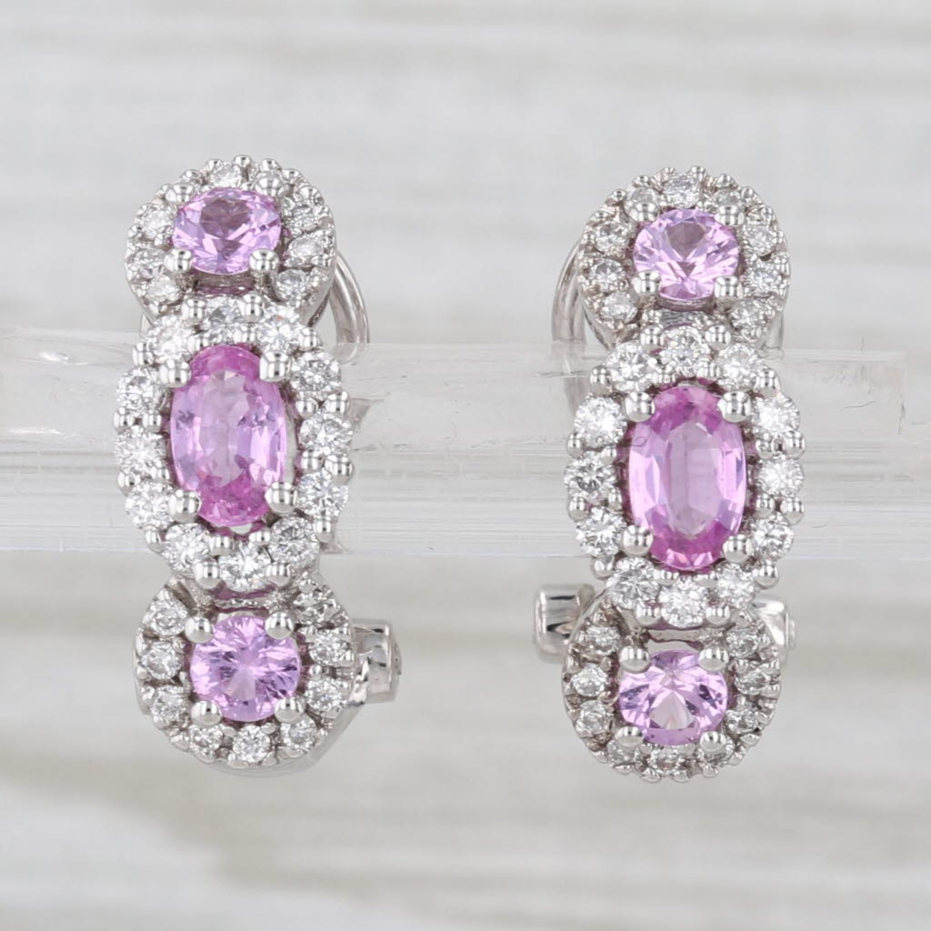 1.80ctw Pink Sapphire Diamond Halo Drop Earrings 14k White Gold Omega Backs