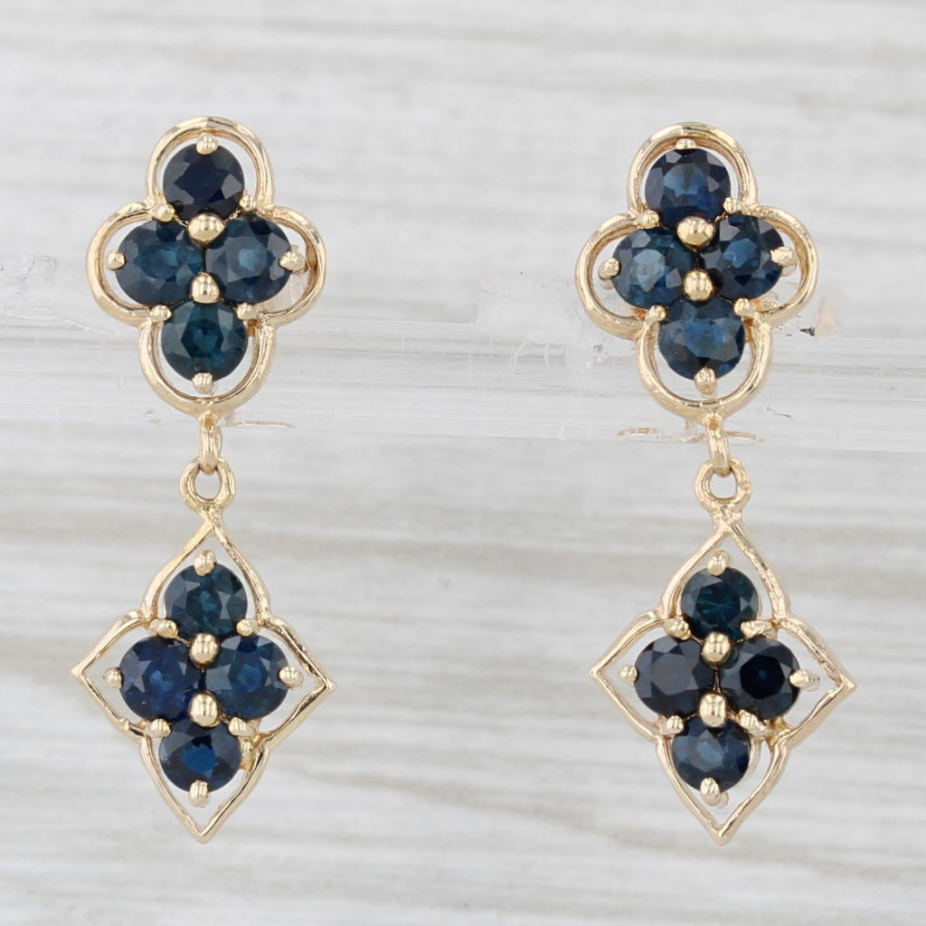 Light Gray 1.90ctw Blue Sapphire Flower Cluster Earrings 14k Yellow Gold Dangle