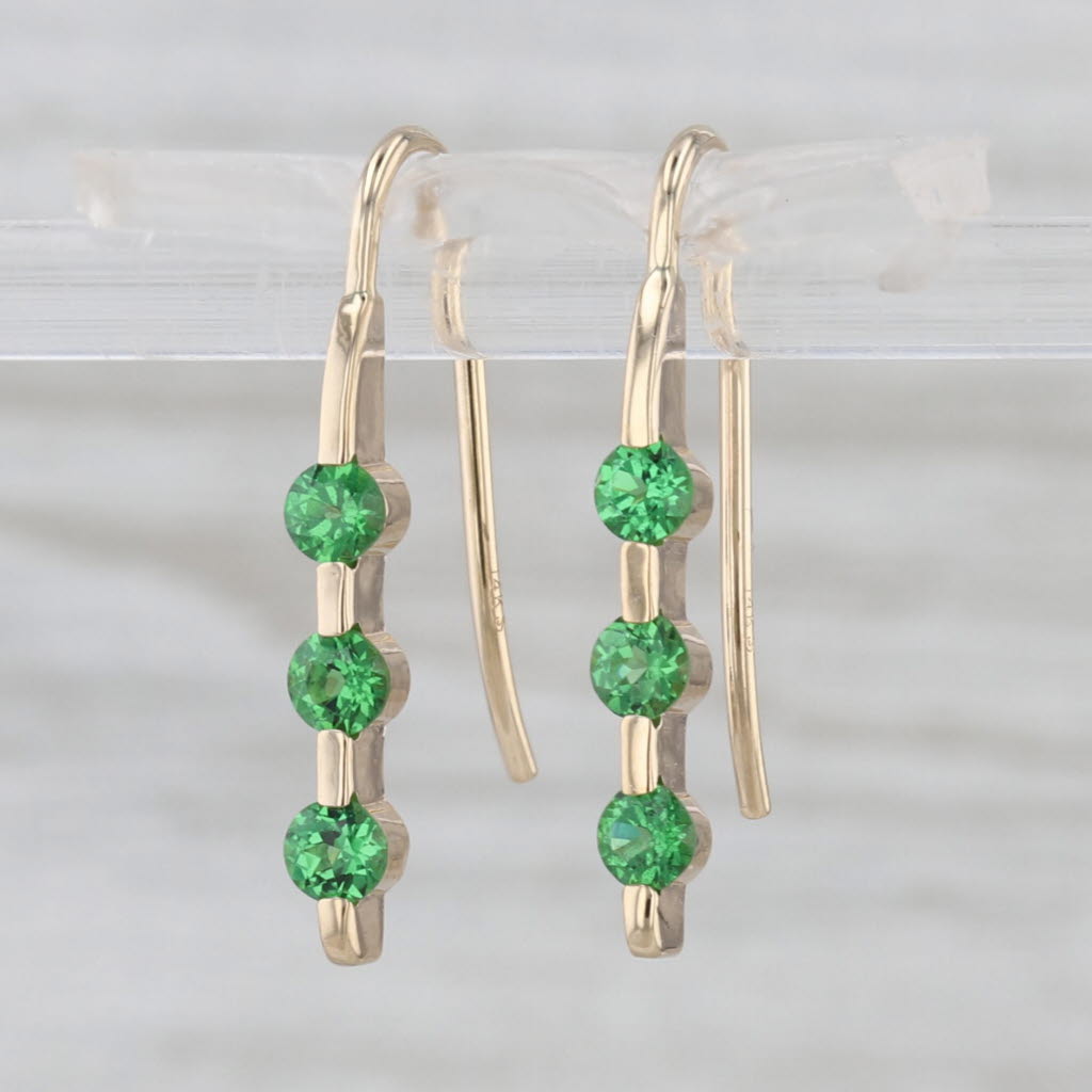 0.66ctw Tsavorite Green Garnet Drop Earrings 14k Gold Hook Posts 3-Stone Journey