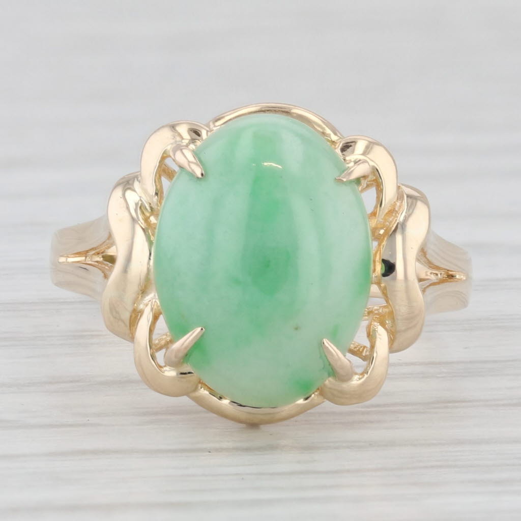 Light Gray Oval Cabochon Green Jadeite Jade Solitaire Ring 14k Yellow Gold Size 6.5