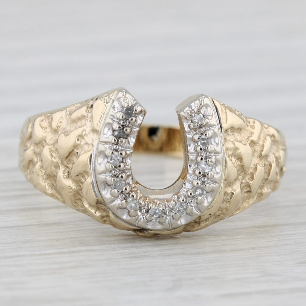 Light Gray Diamond Horseshoe Ring 10k Yellow White Gold Size 11.25 Nugget Band Western