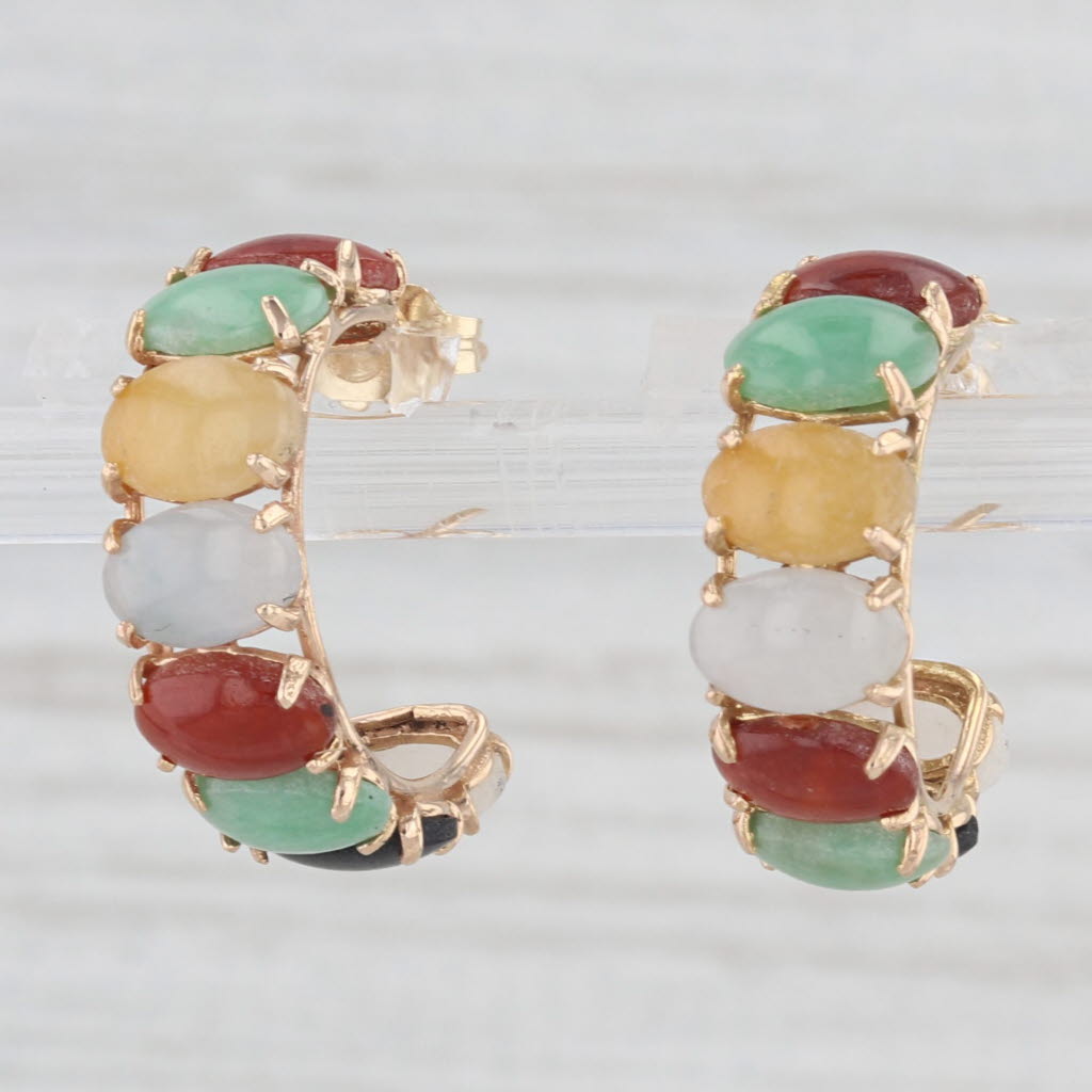 Light Gray Multicolor Jadeite Jade Hoop Earrings 14k Yellow Gold Oval Cabochons Round Hoops