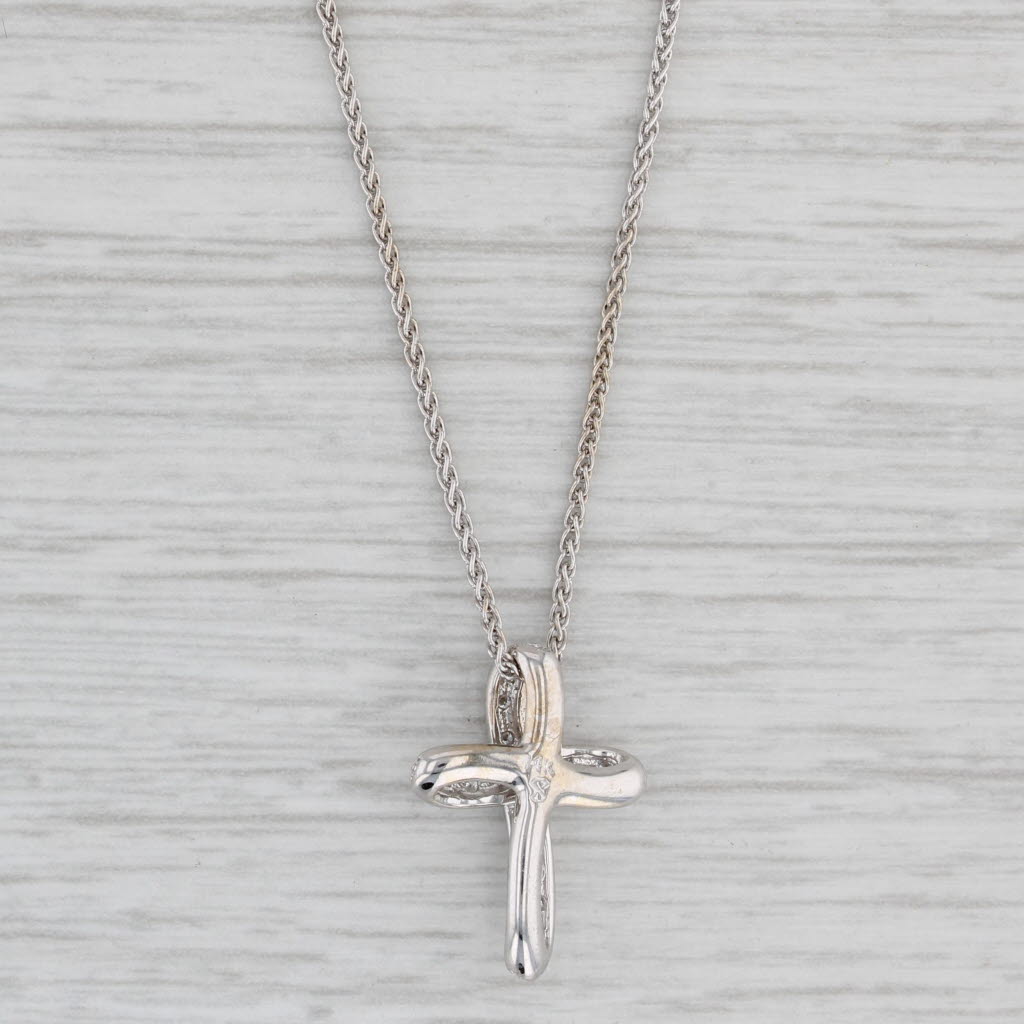 Gray 0.15ctw Diamond Cross Pendant Necklace 14k White Gold 16" Wheat Chain