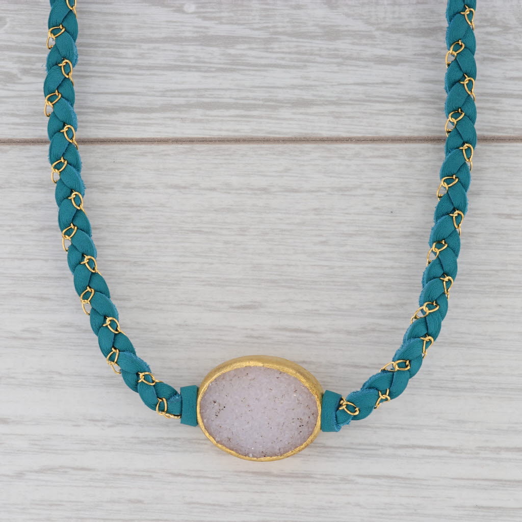 New Nina Wynn Cordelia Necklace Sand Druzy Quartz Pendant Teal Leather