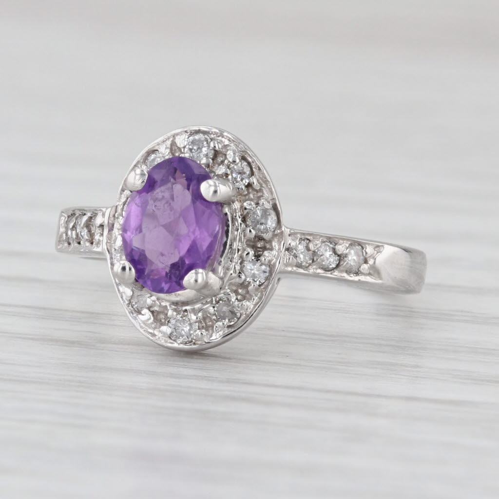 0.84ctw Oval Amethyst Diamond Halo Ring 14k White Gold Size 6.5
