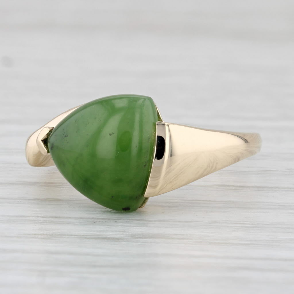 Light Gray Nephrite Jade Trillion Cabochon Solitaire Ring 14k Yellow Gold Size 8.25