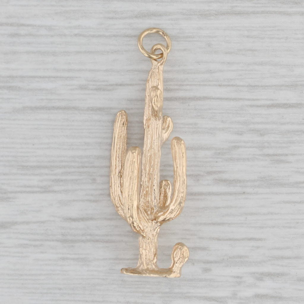 Gray Cactus Charm 14k Yellow Gold Southwestern Pendant