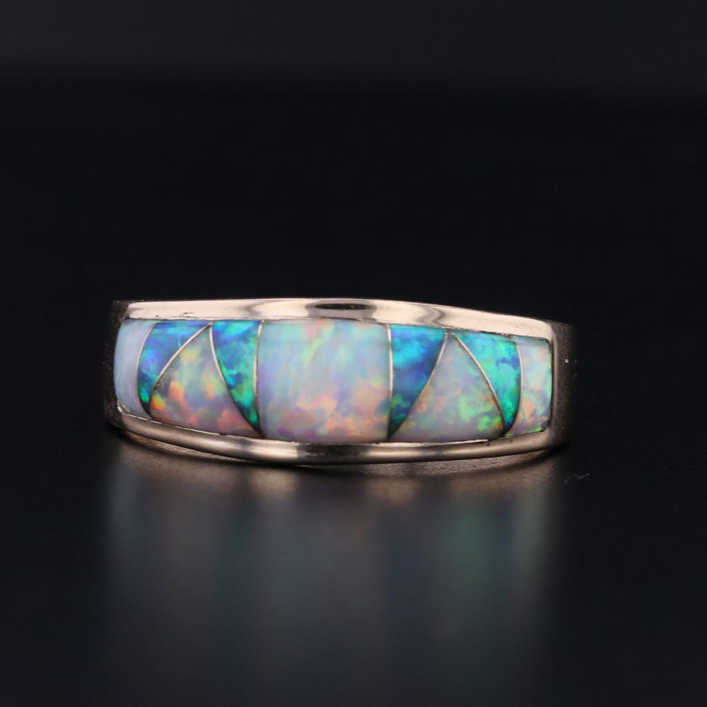 Lab Created Opal Mosaic Ring 14k Yellow Gold Size 7.25-7.5 Stackable Band