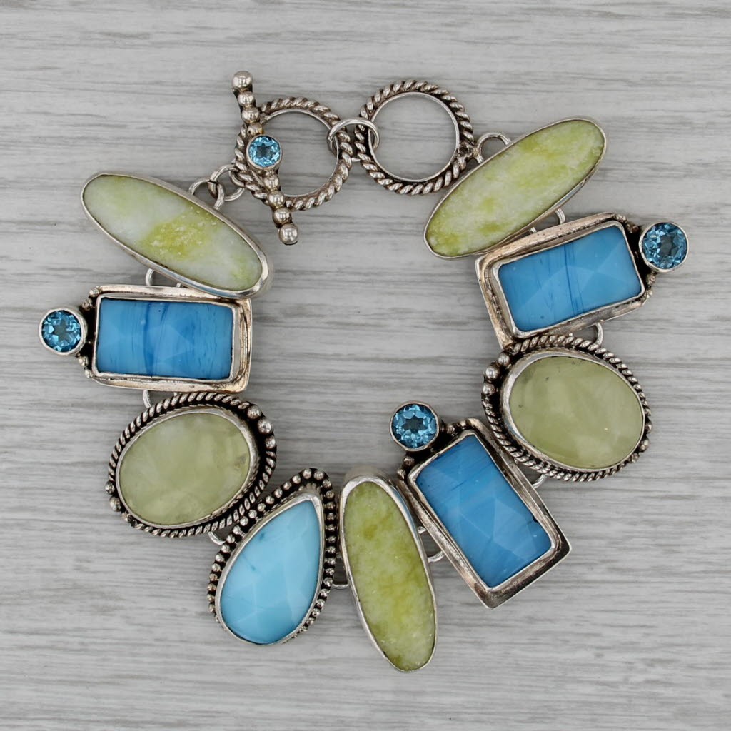 The Dreamers Topaz Prehnite Glass Statement Bracelet Sterling Silver Toggle 7"