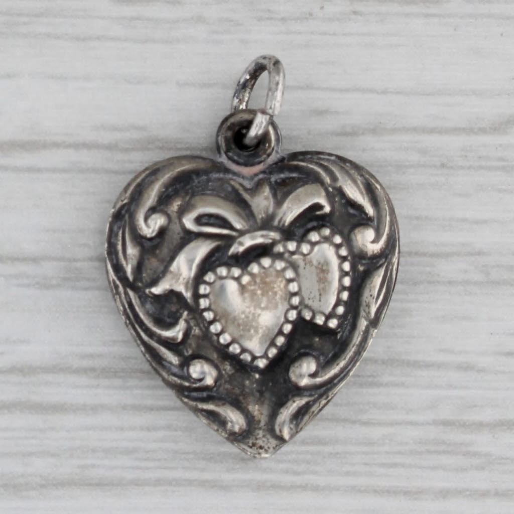 Gray Vintage Puffy Heart Charm Silver Ornate Pendant