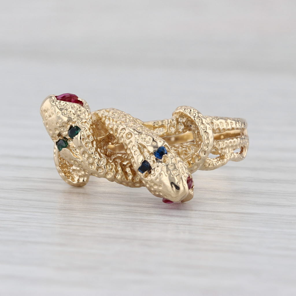 Intertwining Snakes Bypass Ring 18k Gold Size 11 Lab Created Rubies Spinel