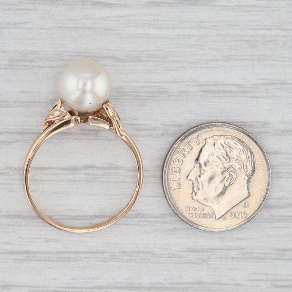 Light Gray Cultured Pearl Solitaire Ring 14k Yellow Gold Size 7 Leaf Accents