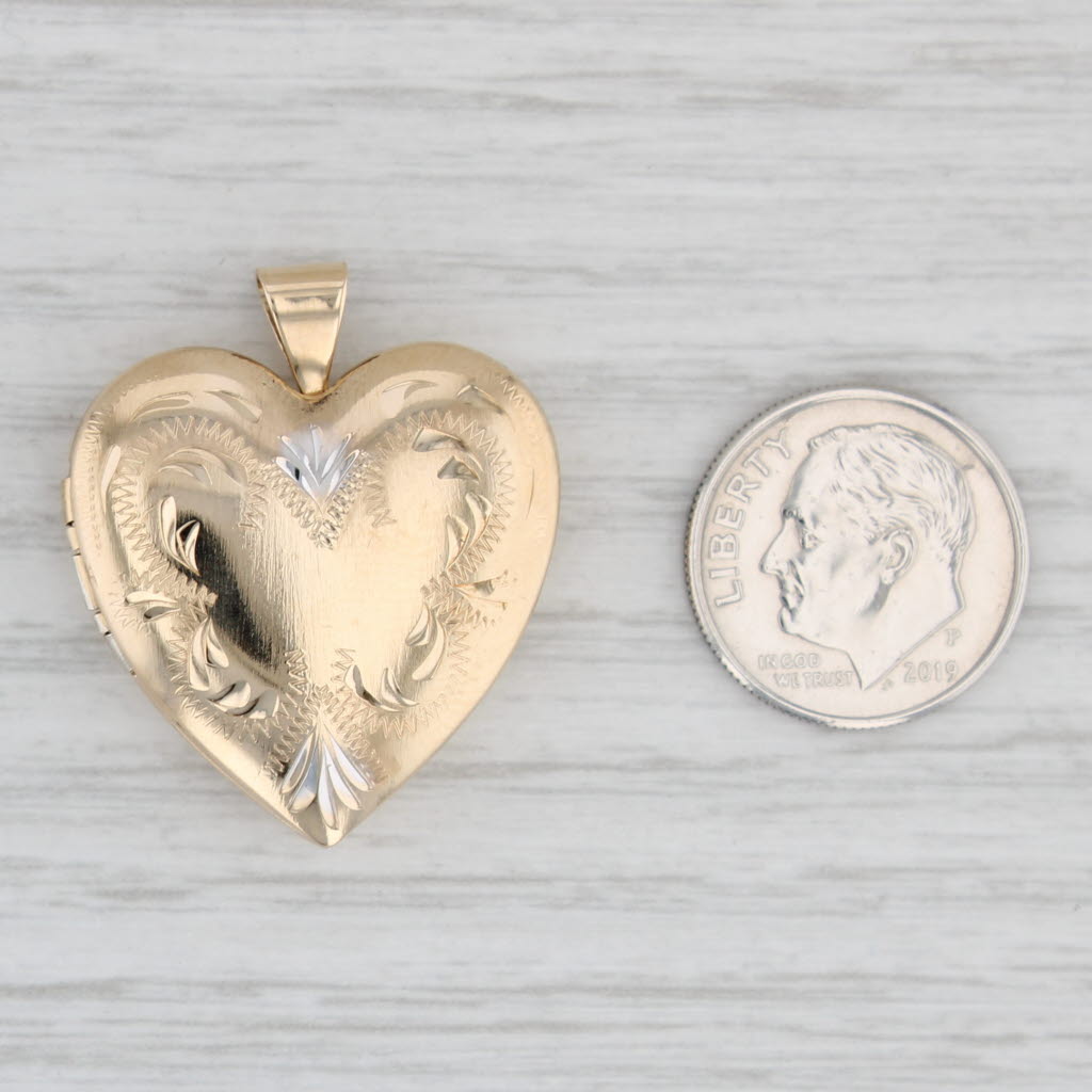 Light Gray Vintage Floral Heart Photo Locket Pendant 14k Yellow Gold Engravable