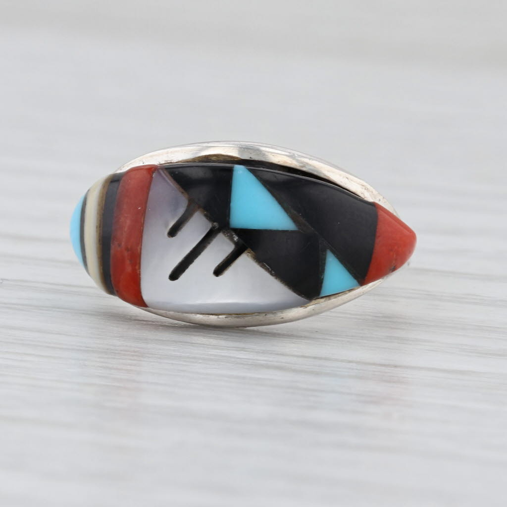 Vintage Native American Luna Ring Sterling Silver Size 6.5 Mother of Pearl Coral