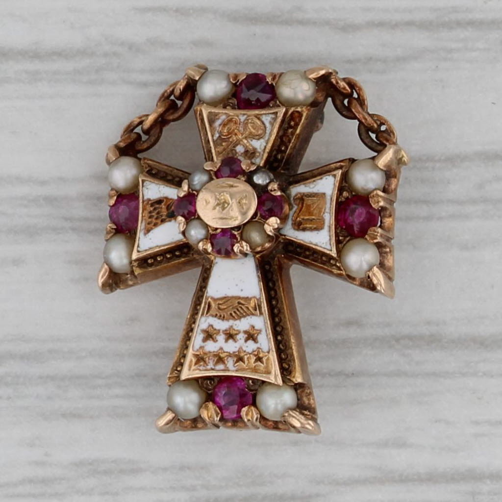 Dark Gray Sigma Chi Fraternity Cross Badge 14k Gold Ruby Pearl Vintage Engraved Pin