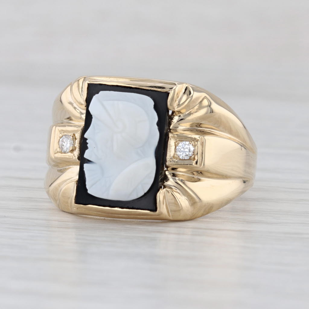 Vintage Chalcedony Cameo Diamond Signet Ring 14k Yellow Gold Size 15.25
