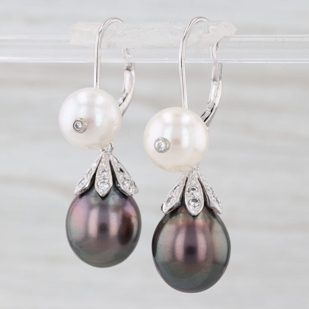 New Black White Cultured Pearl Diamond Dangle Earrings 14k White Gold Drops