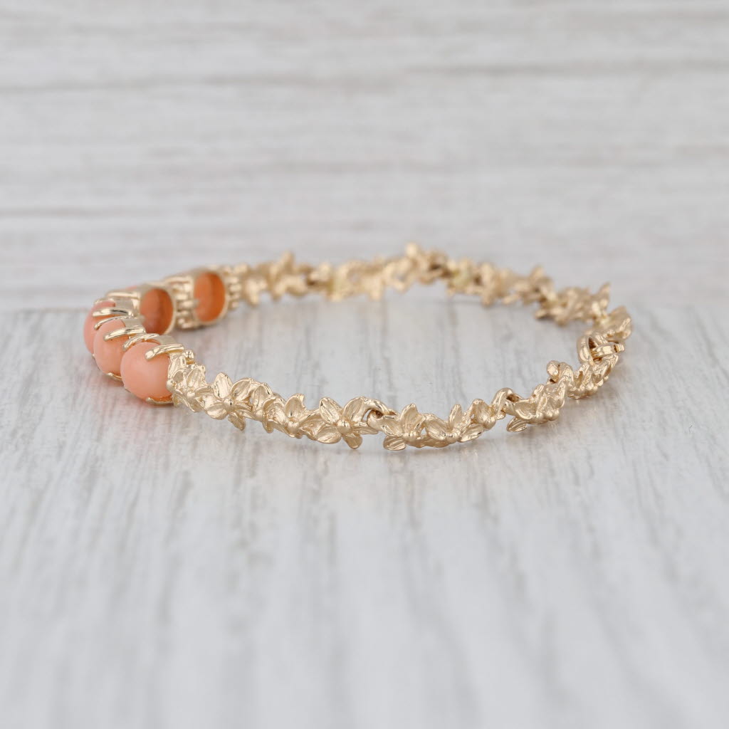 Coral Plumeria Flower Bracelet 14k Yellow Gold 7"