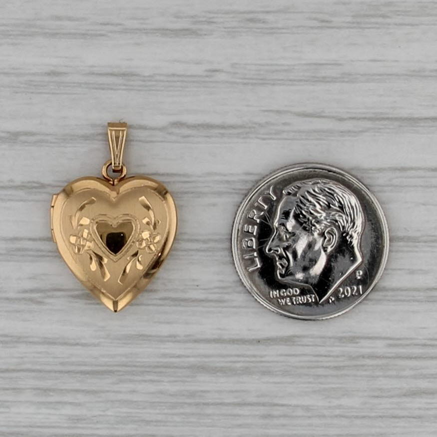 Floral Engraved Heart Photo Locket Pendant 14k Yellow Gold Engravable