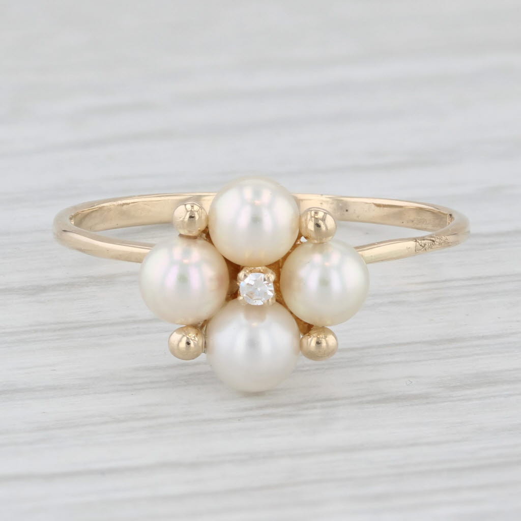 Light Gray Cultured Pearl Cluster Diamond Ring 14k Yellow Gold Size 8
