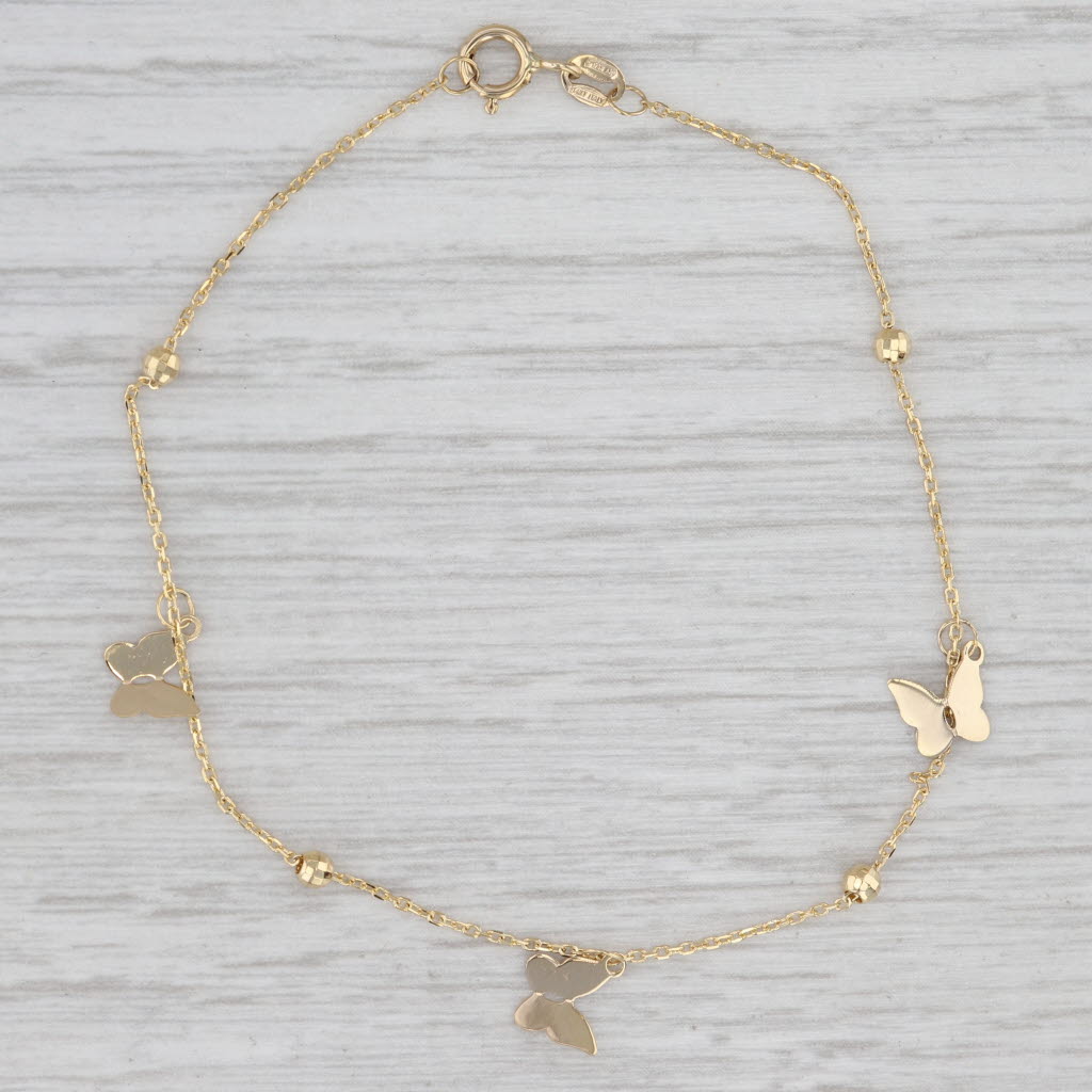 Light Gray New Small Butterfly Charms Fringe Bracelet 7" Cable Chain 14k Yellow Gold
