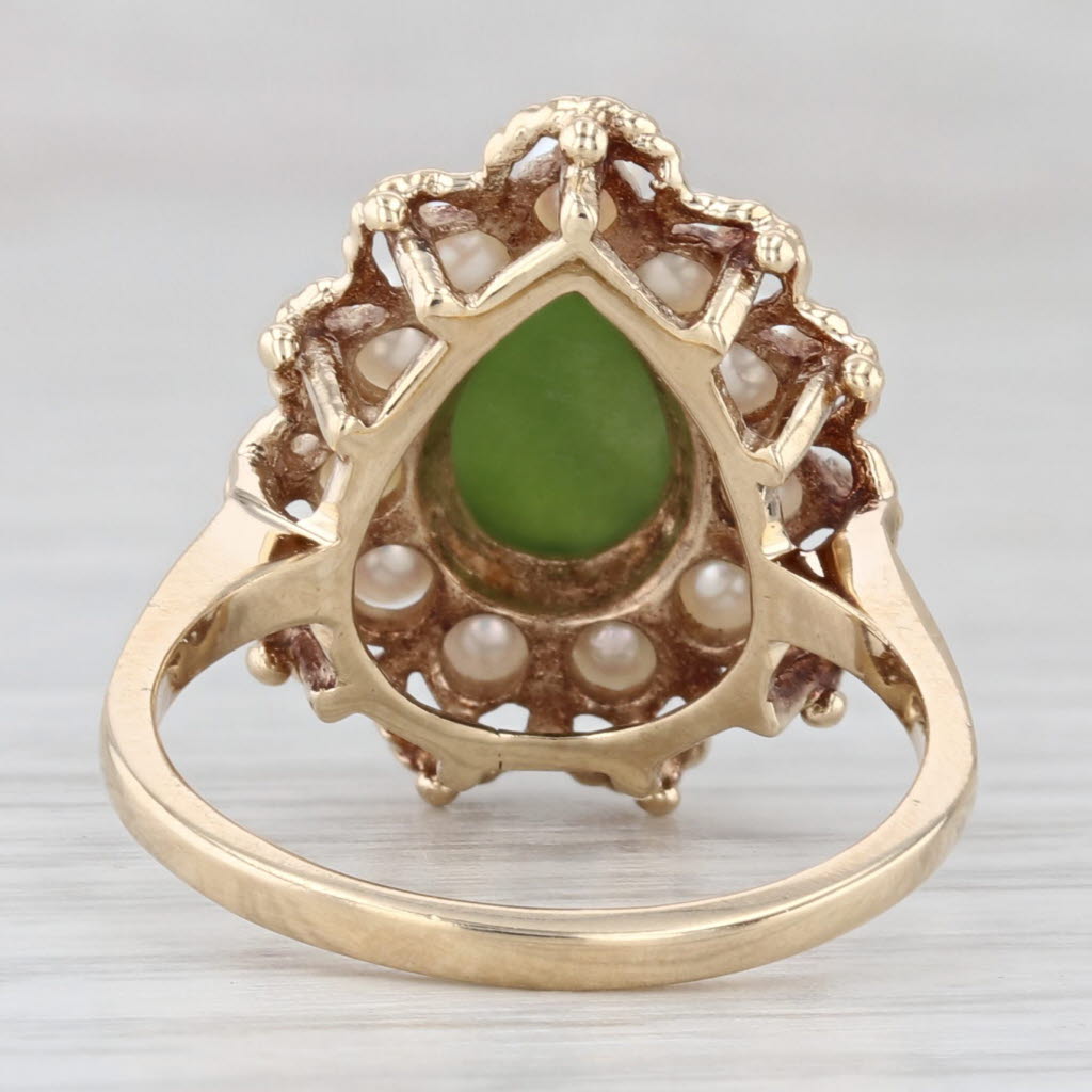 Light Gray Green Nephrite Jade Cultured Pearl Halo Teardrop Ring 10k Yellow Gold Size 6.25