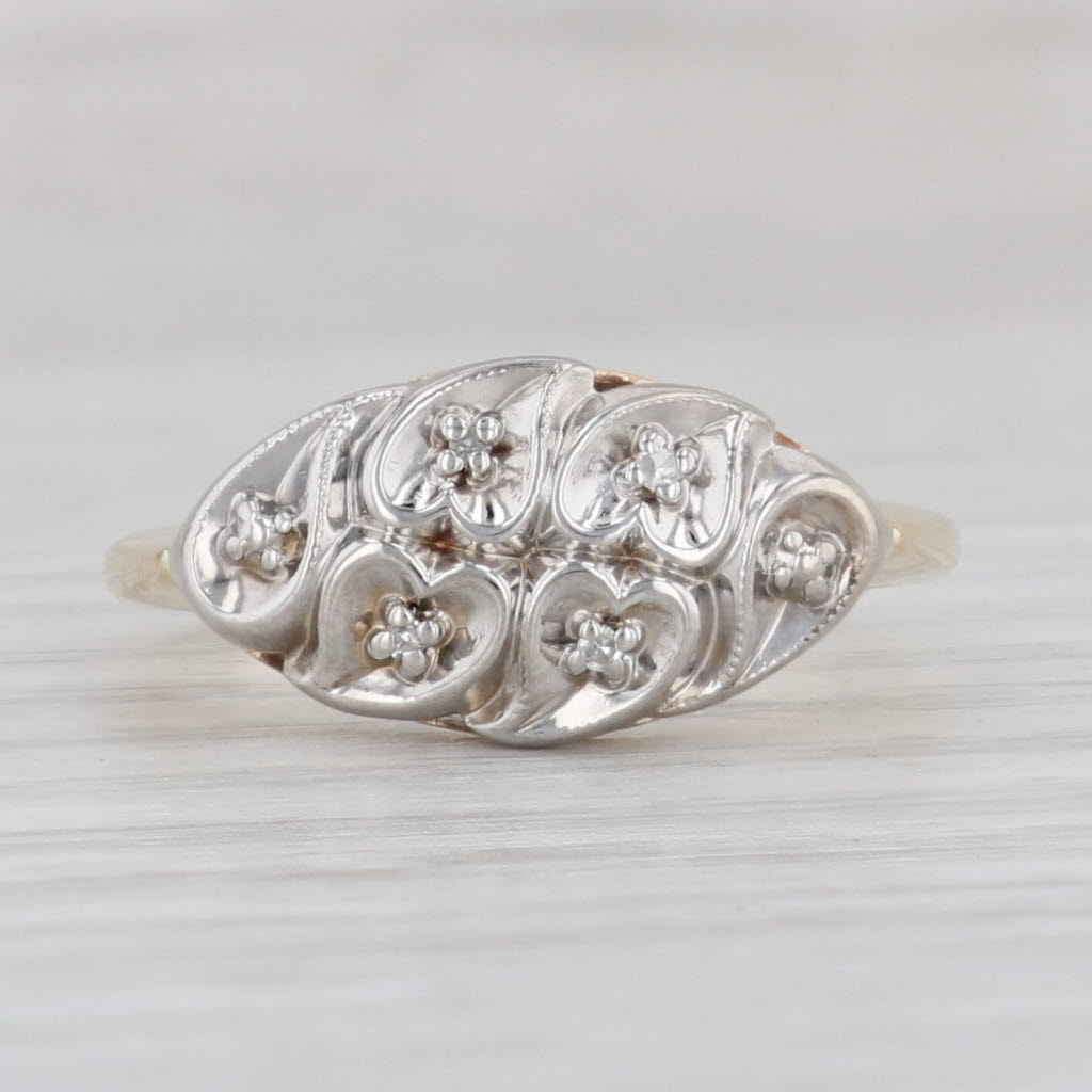 Light Gray Vintage Diamond Accented Hearts Ring 14k Yellow White Gold Size 7.5